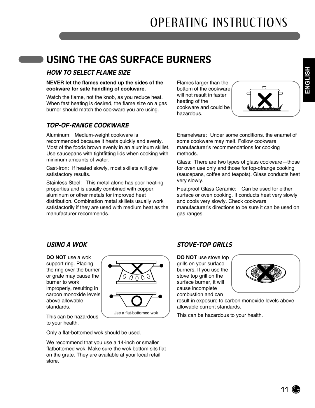 LG Electronics LRG3095ST manual HOW to Select Flame Size, TOP-OF-RANGE Cookware, Using a WOK, STOVE-TOP Grills 