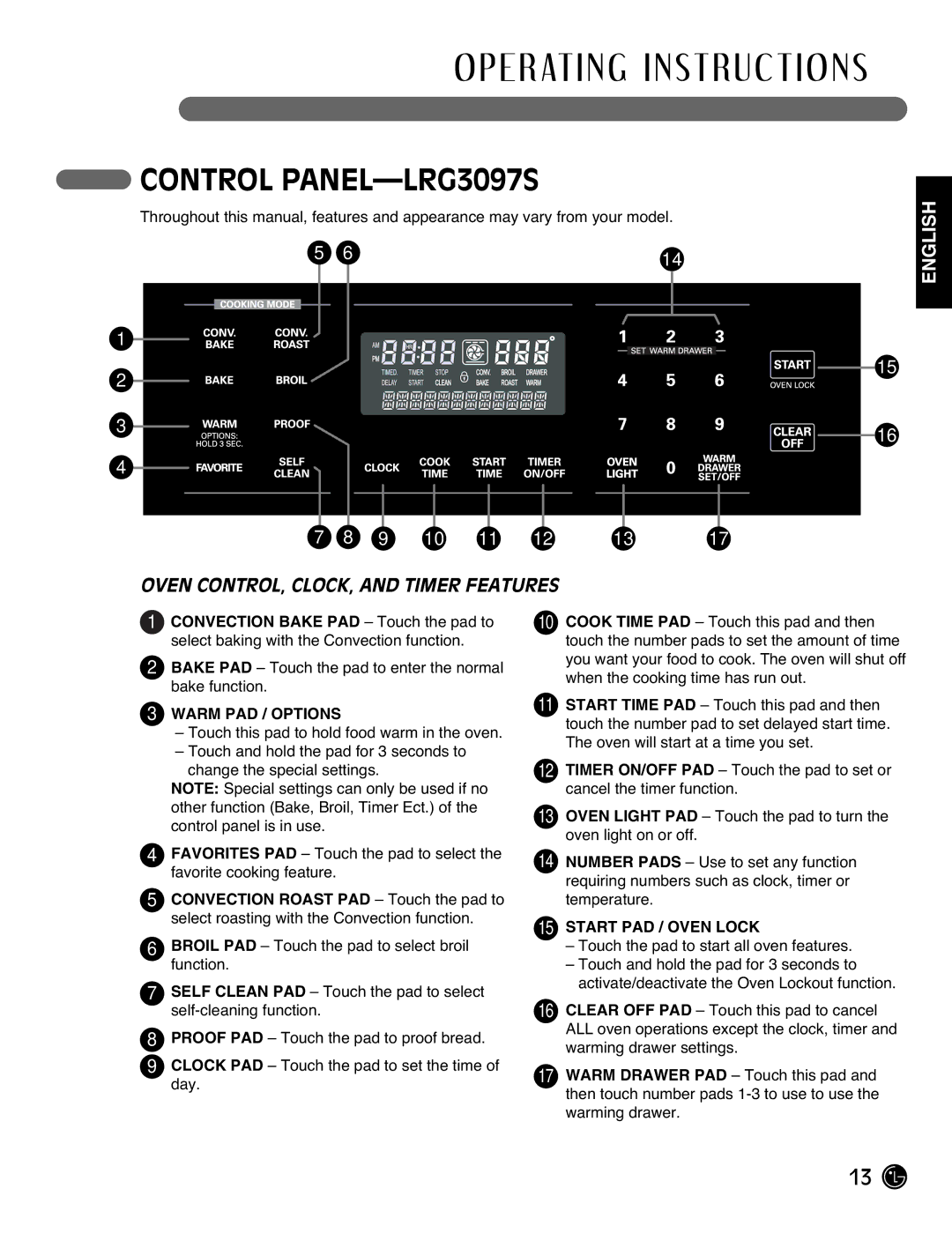 LG Electronics LRG3095ST manual Control PANEL-LRG3097S, Convection Bake PAD Touch the pad to 