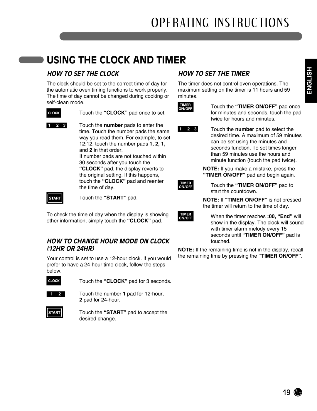 LG Electronics LRG3095ST Using the Clock and Timer, HOW to SET the Clock, HOW to Change Hour Mode on Clock 12HR or 24HR 