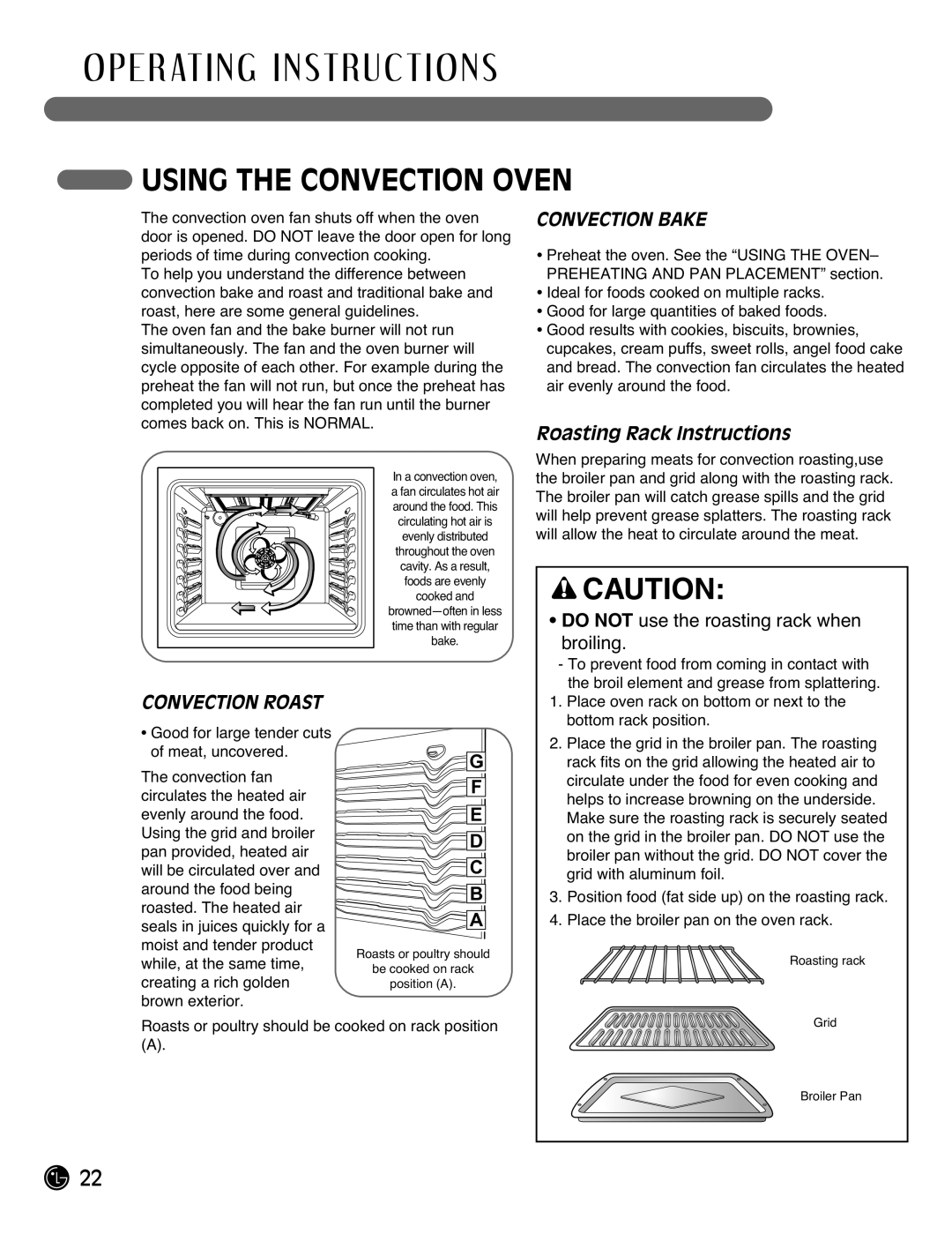 LG Electronics LRG3095ST manual Using the Convection Oven, Convection Roast, Convection Bake 