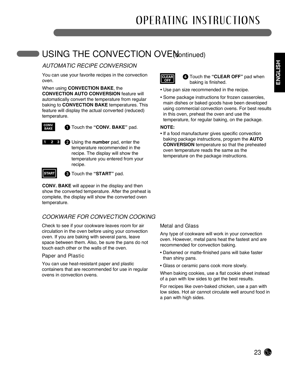 LG Electronics LRG3095ST manual Automatic Recipe Conversion, Cookware for Convection Cooking 