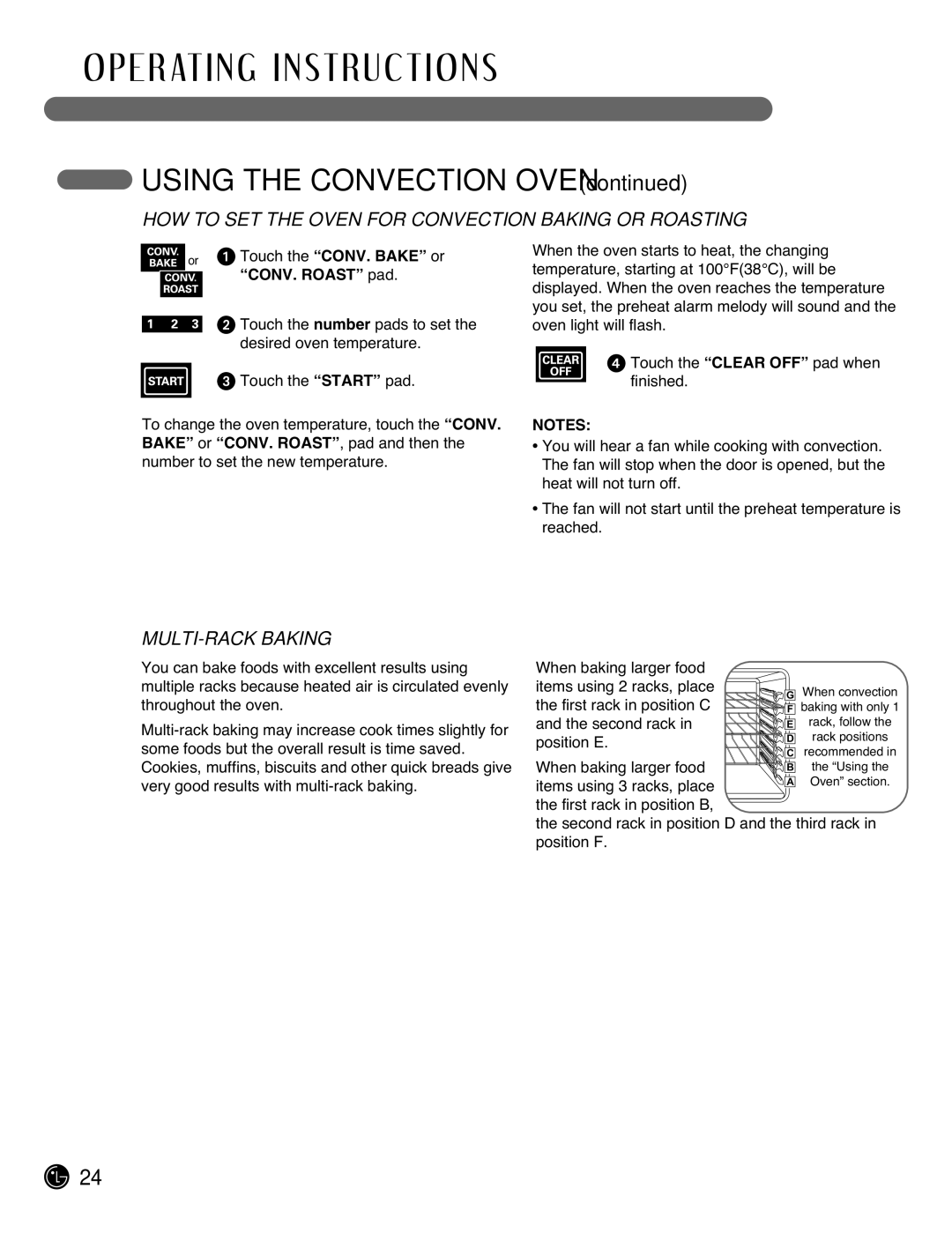 LG Electronics LRG3095ST HOW to SET the Oven for Convection Baking or Roasting, MULTI-RACK Baking, Touch the CONV. Bake or 