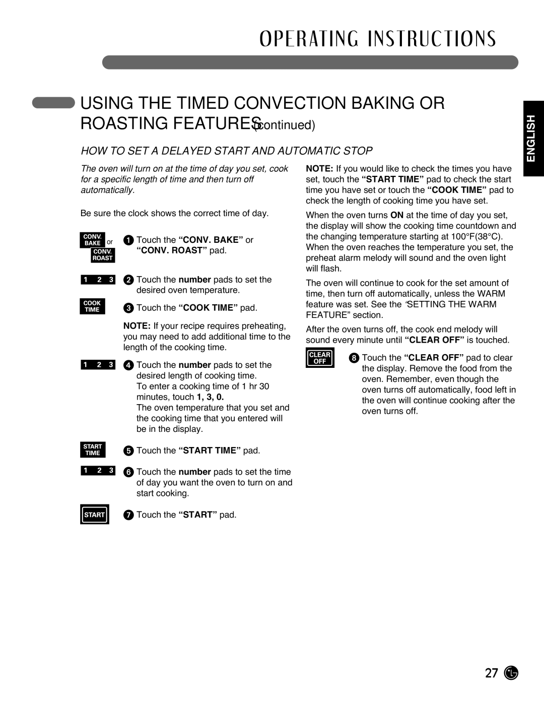 LG Electronics LRG3095ST manual Using the Timed Convection Baking or Roasting Features 