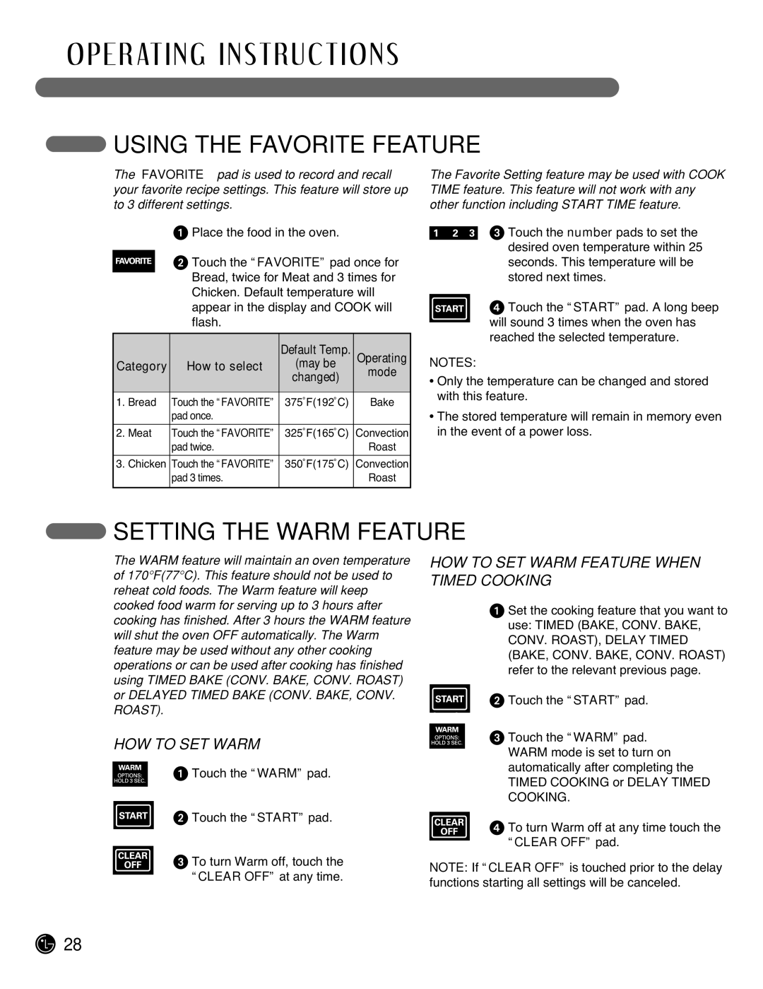LG Electronics LRG3095ST manual Using the Favorite Feature, Setting the Warm Feature, HOW to SET Warm, How to select 