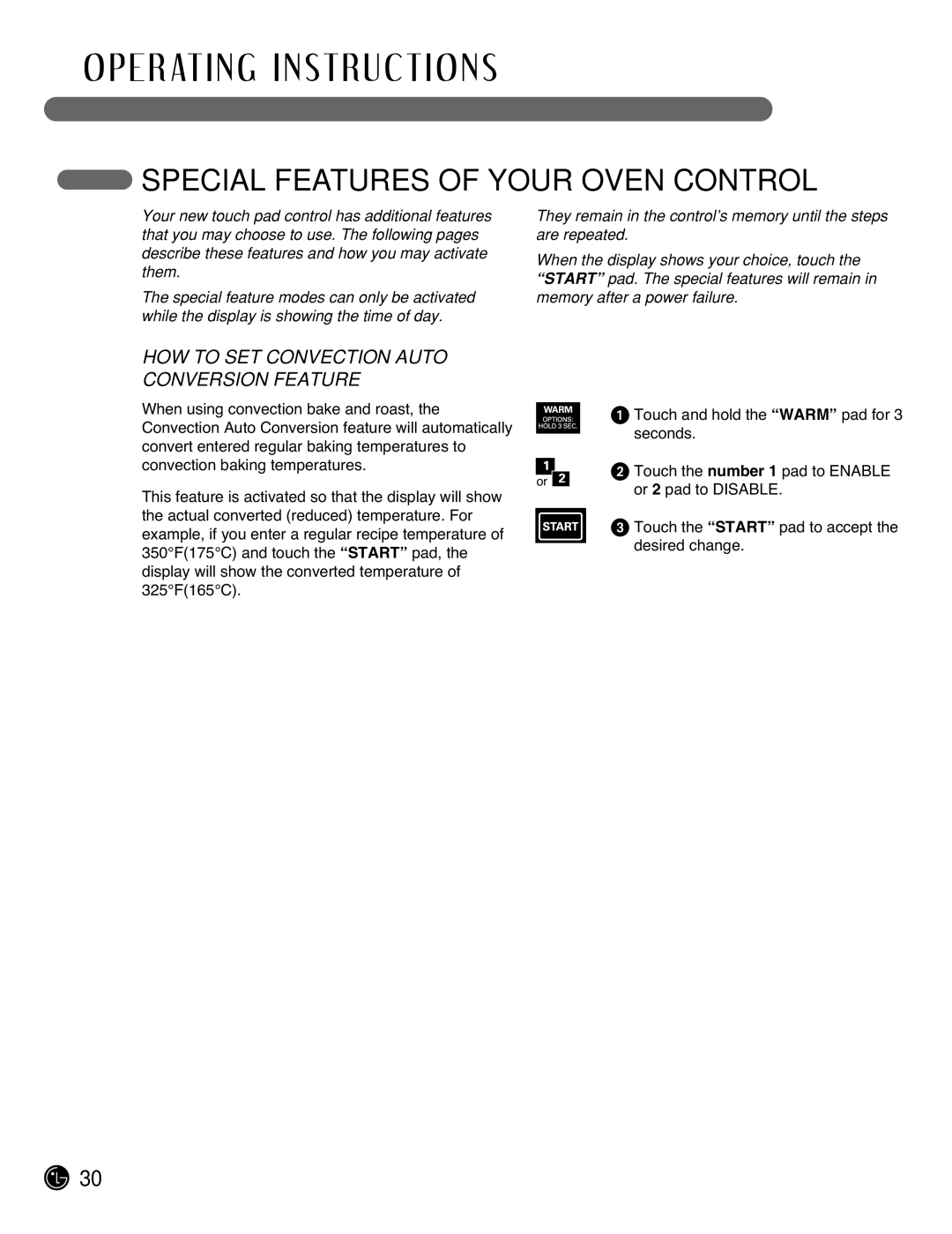 LG Electronics LRG3095ST manual Special Features of Your Oven Control, HOW to SET Convection Auto Conversion Feature 