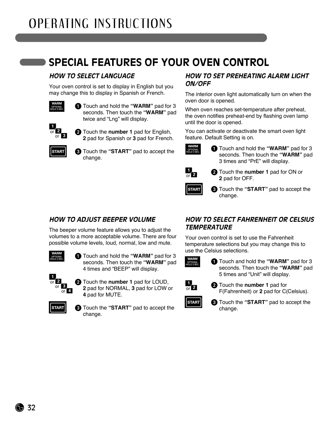 LG Electronics LRG3095ST HOW to Select Language, HOW to SET Preheating Alarm Light ON/OFF, HOW to Adjust Beeper Volume 