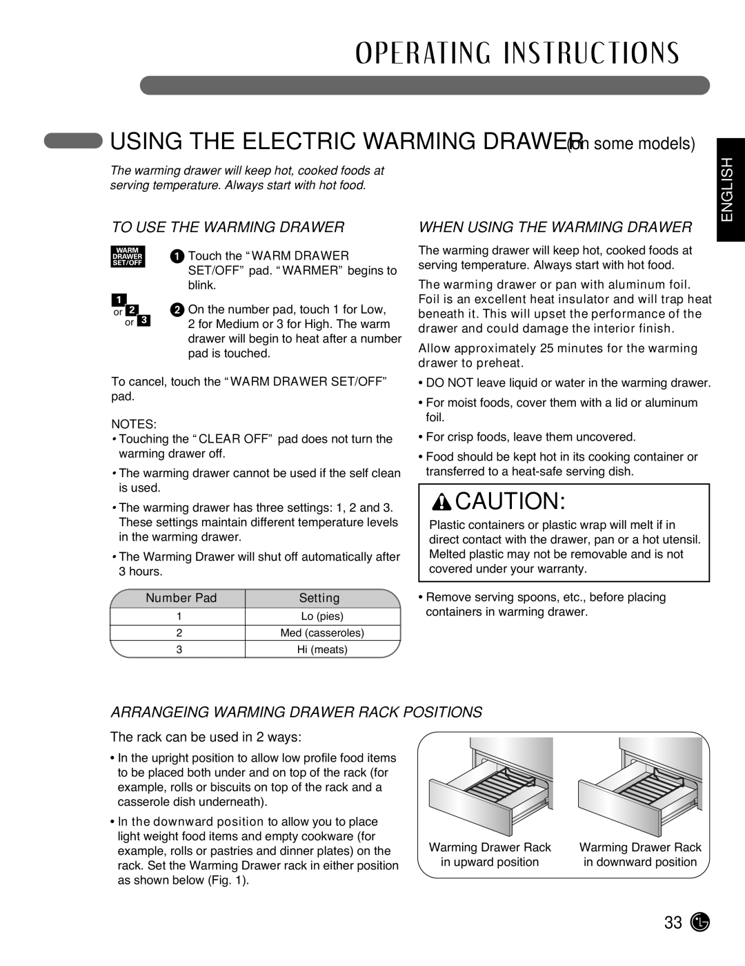 LG Electronics LRG3095ST manual To USE the Warming Drawer, When Using the Warming Drawer 