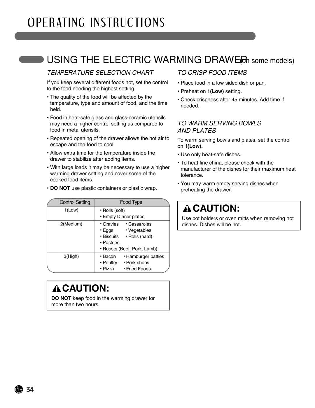 LG Electronics LRG3095ST manual Temperature Selection Chart, To Crisp Food Items, To Warm Serving Bowls Plates 