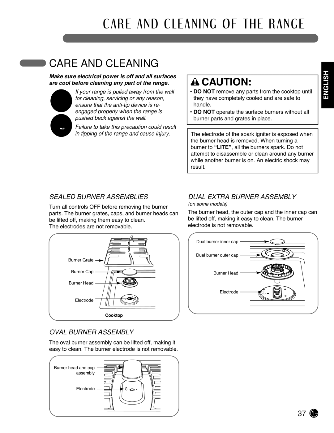 LG Electronics LRG3095ST Care and Cleaning, Sealed Burner Assemblies, Oval Burner Assembly, Dual Extra Burner Assembly 