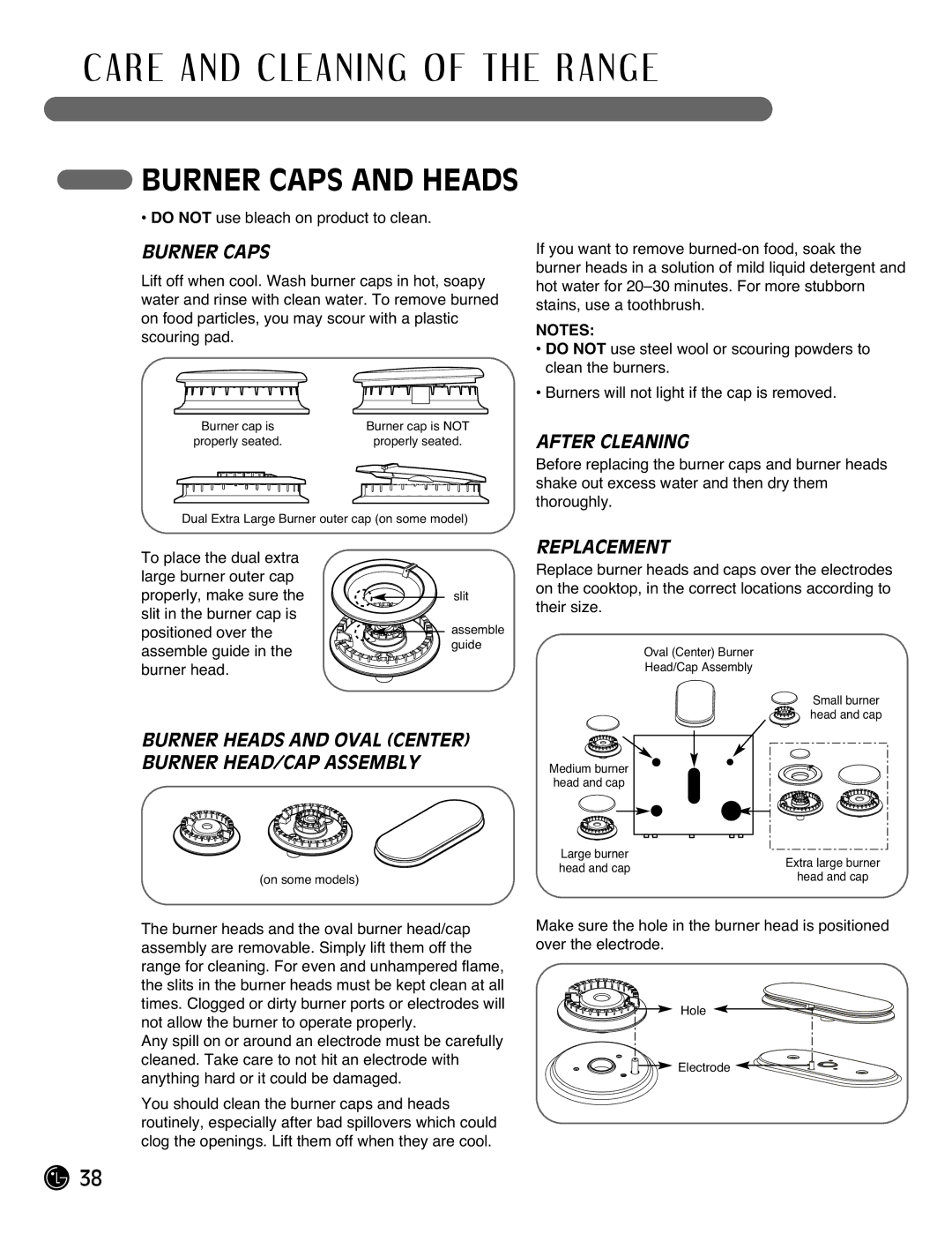 LG Electronics LRG3095ST manual Burner Caps and Heads, After Cleaning, Replacement 