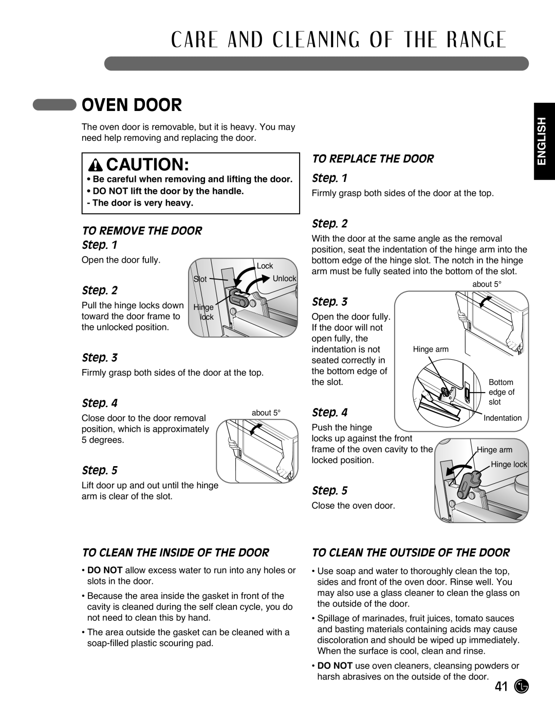 LG Electronics LRG3095ST manual Oven Door, To Replace the Door, To Remove the Door, To Clean the Inside of the Door 