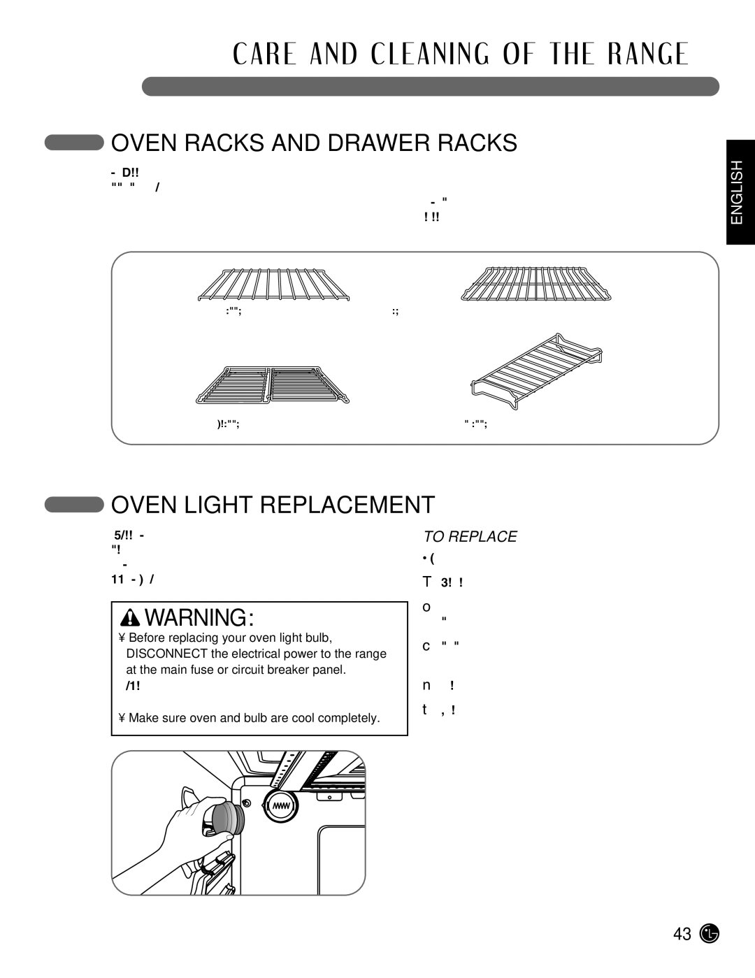 LG Electronics LRG3095ST manual Oven Racks and Drawer Racks, Oven Light Replacement, To Replace 