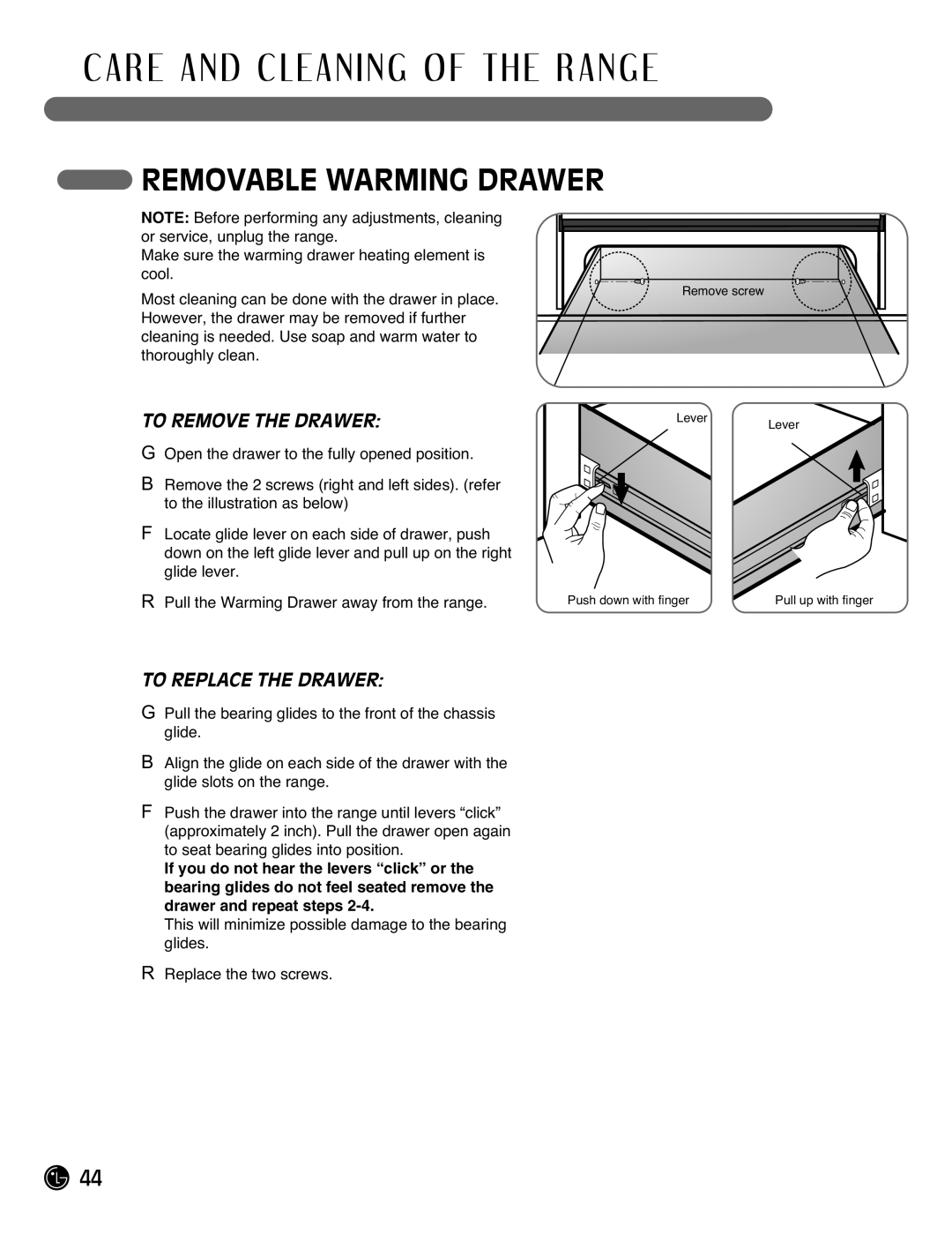 LG Electronics LRG3095ST manual Removable Warming Drawer, To Remove the Drawer, To Replace the Drawer 