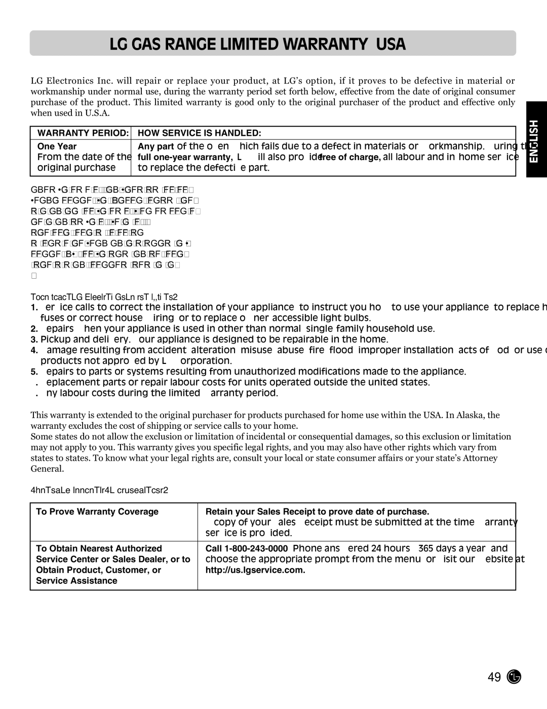 LG Electronics LRG3095ST manual LG GAS Range Limited Warranty USA 