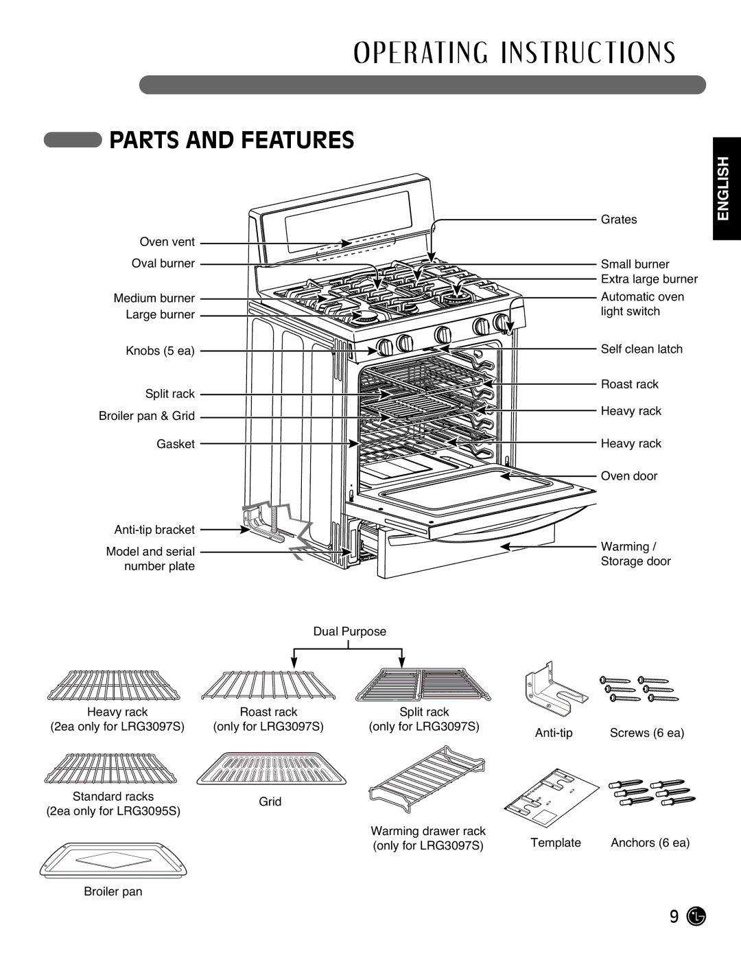 LG Electronics LRG3095ST manual Parts and Features 