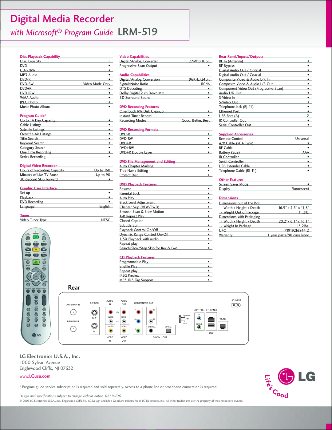 LG Electronics LRM-519 Disc Playback Capability, Program Guide, Digital Video Recorder, Graphic User Interface, Tuner 