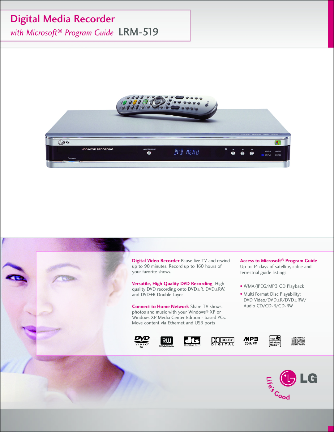 LG Electronics manual Digital Media Recorder, with Microsoft Program Guide LRM-519, WMA/JPEG/MP3 CD Playback 
