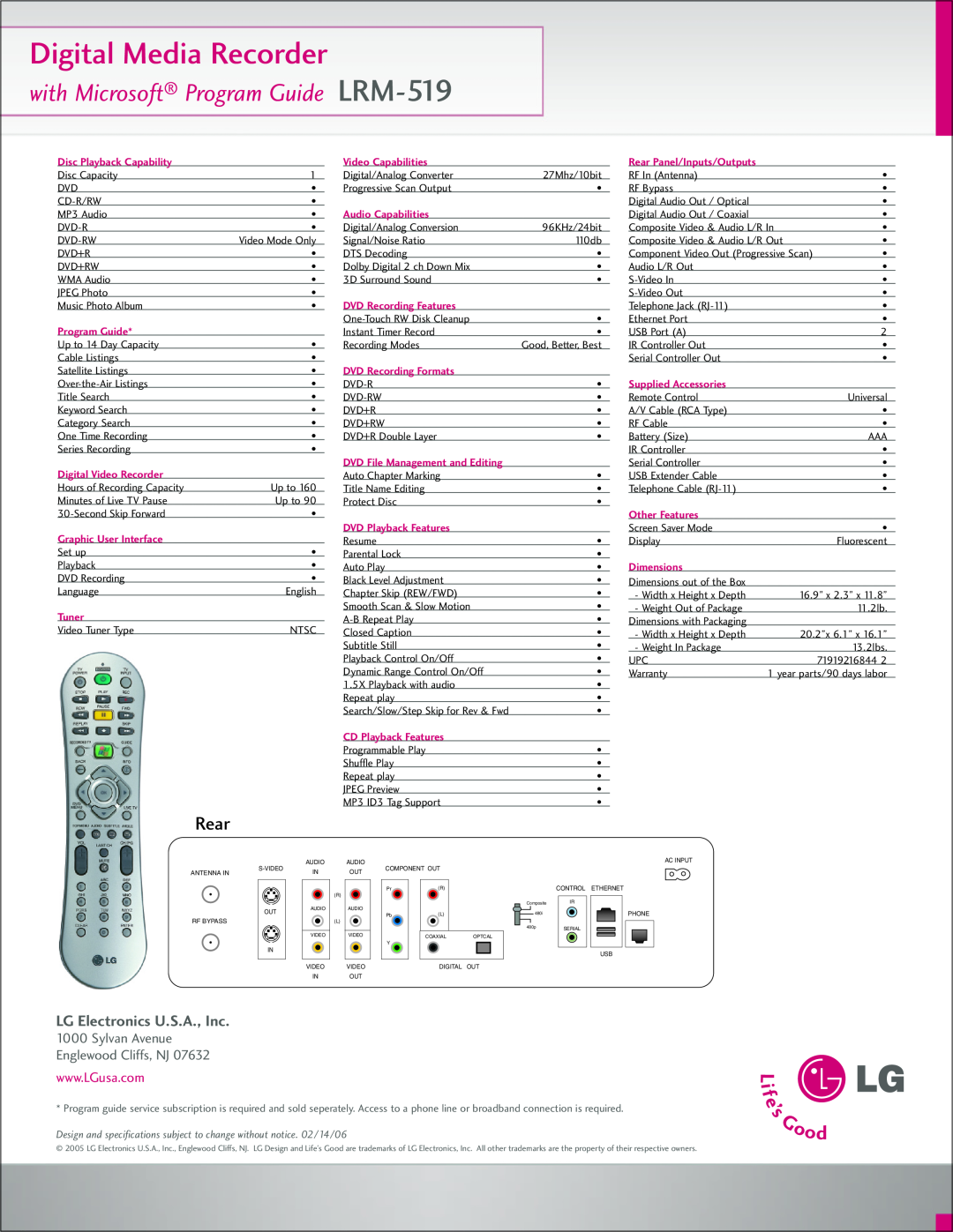 LG Electronics manual Digital Media Recorder, with Microsoft Program Guide LRM-519, Rear, LG Electronics U.S.A., Inc 