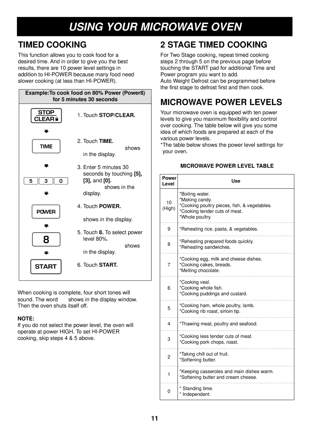 LG Electronics LRM1230B, LRM1230W manual Using Your Microwave Oven, Stage Timed Cooking, Microwave Power Levels 