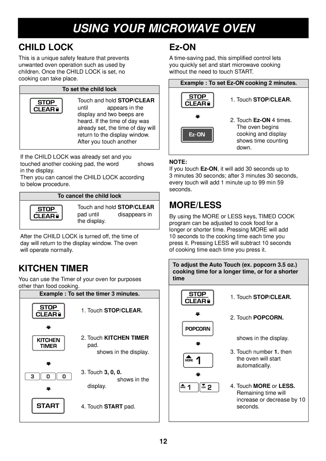 LG Electronics LRM1230W, LRM1230B manual Child Lock, Kitchen Timer, More/Less 