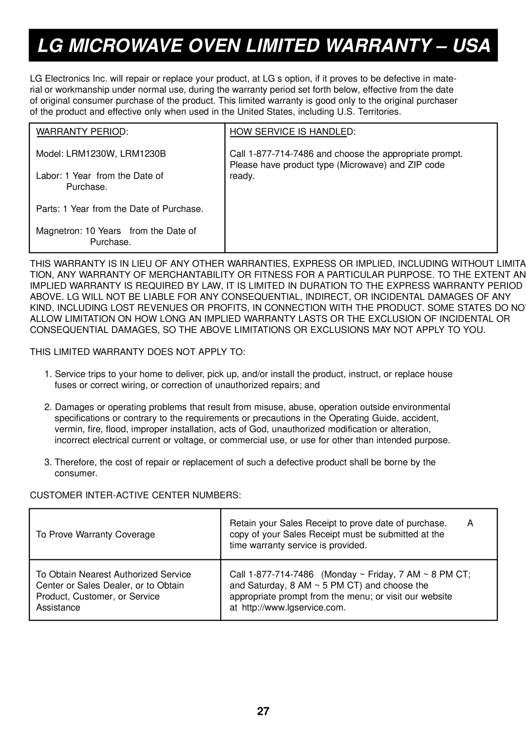 LG Electronics LRM1230B, LRM1230W manual LG Microwave Oven Limited Warranty USA, Warranty Period HOW Service is Handled 