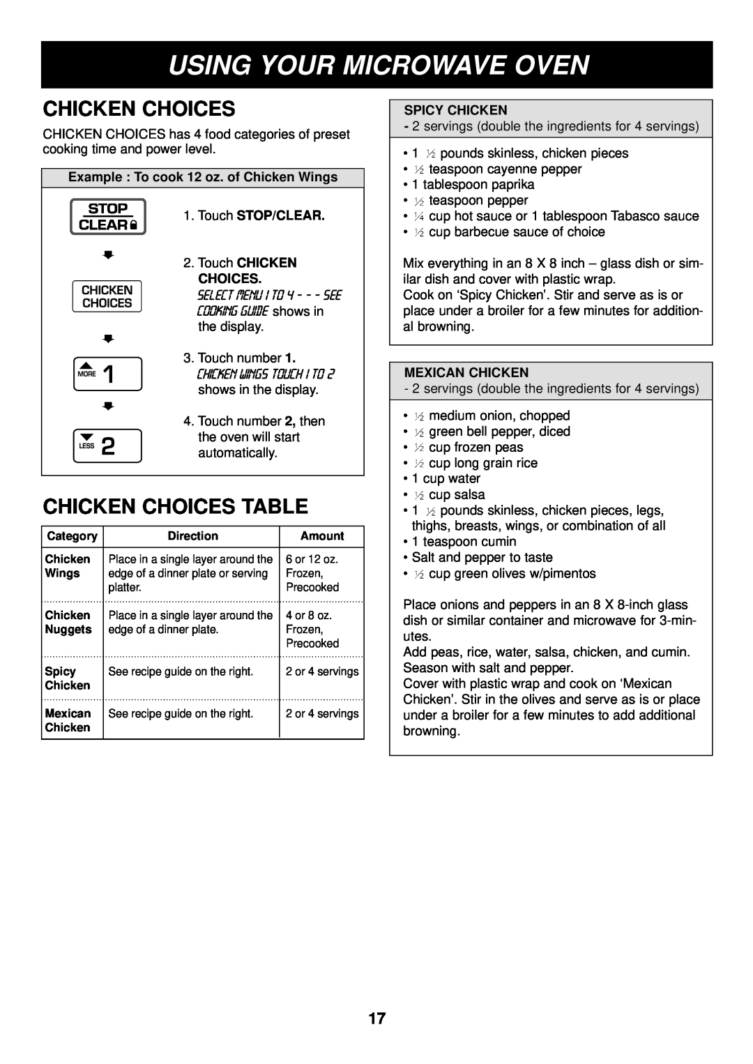 LG Electronics LRM1230B manual Chicken Choices Table, Using Your Microwave Oven, Touch CHICKEN CHOICES, Spicy Chicken 