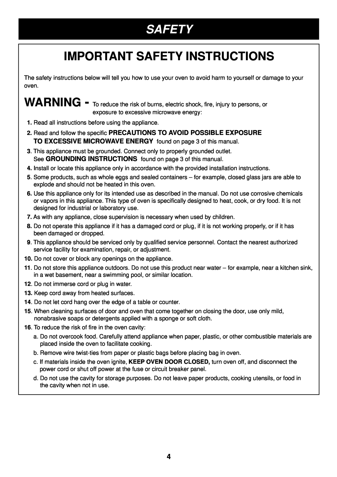 LG Electronics LRM1230W, LRM1230B manual Important Safety Instructions 