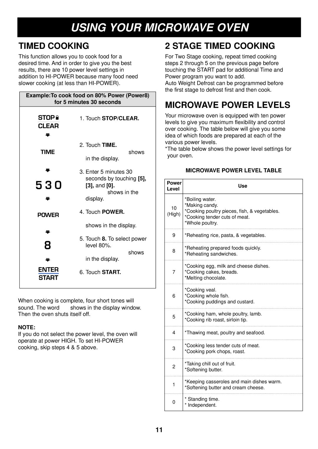 LG Electronics LRM1250B, LRM1250W manual Using Your Microwave Oven, Stage Timed Cooking, Microwave Power Levels 