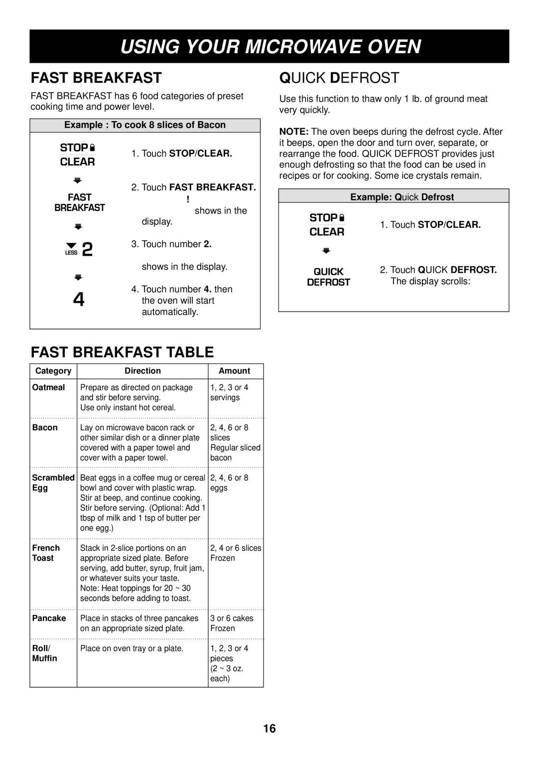 LG Electronics LRM1250W, LRM1250B manual Fast Breakfast Table, Example Quick Defrost Touch STOP/CLEAR 