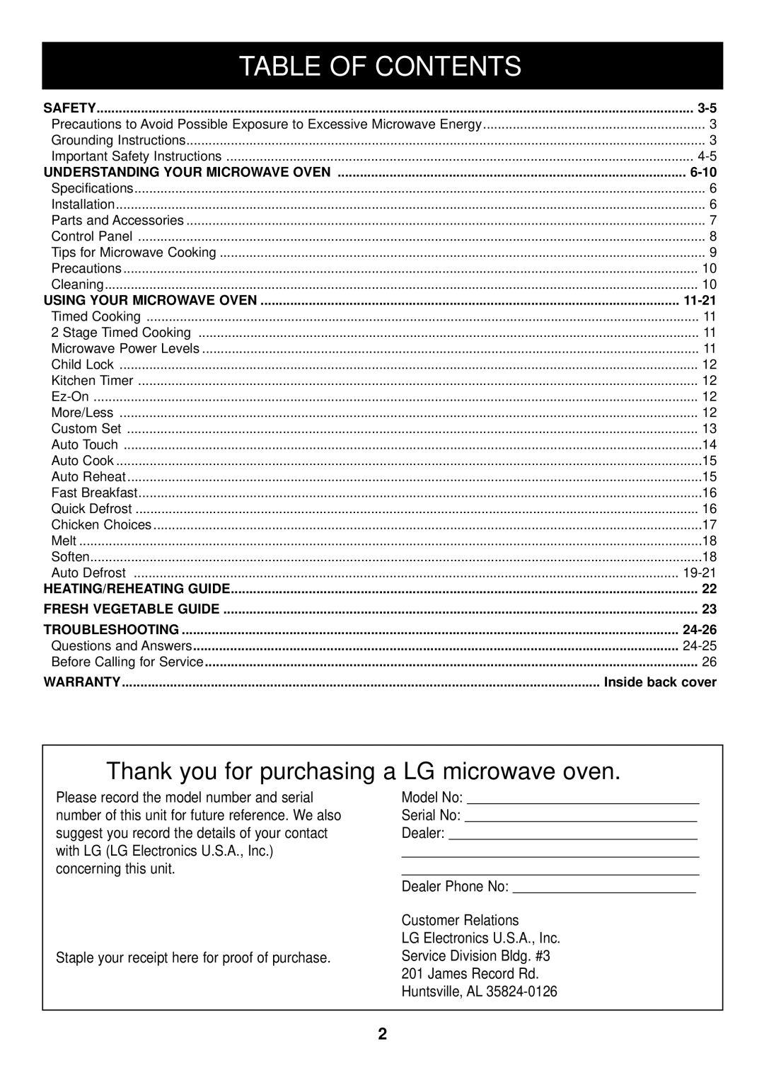 LG Electronics LRM1250W, LRM1250B manual Table of Contents 