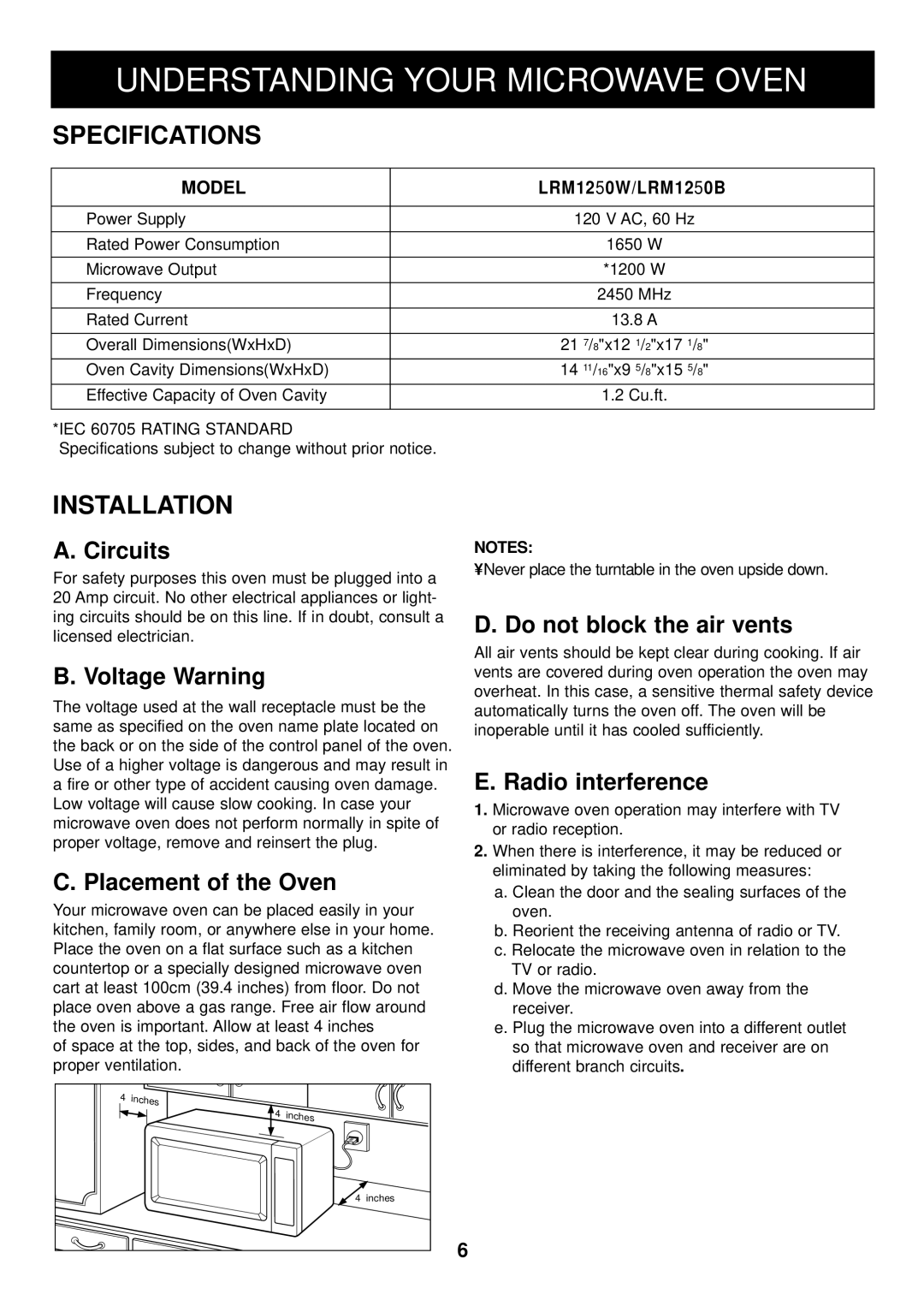 LG Electronics LRM1250W, LRM1250B manual Understanding Your Microwave Oven, Specifications, Installation 