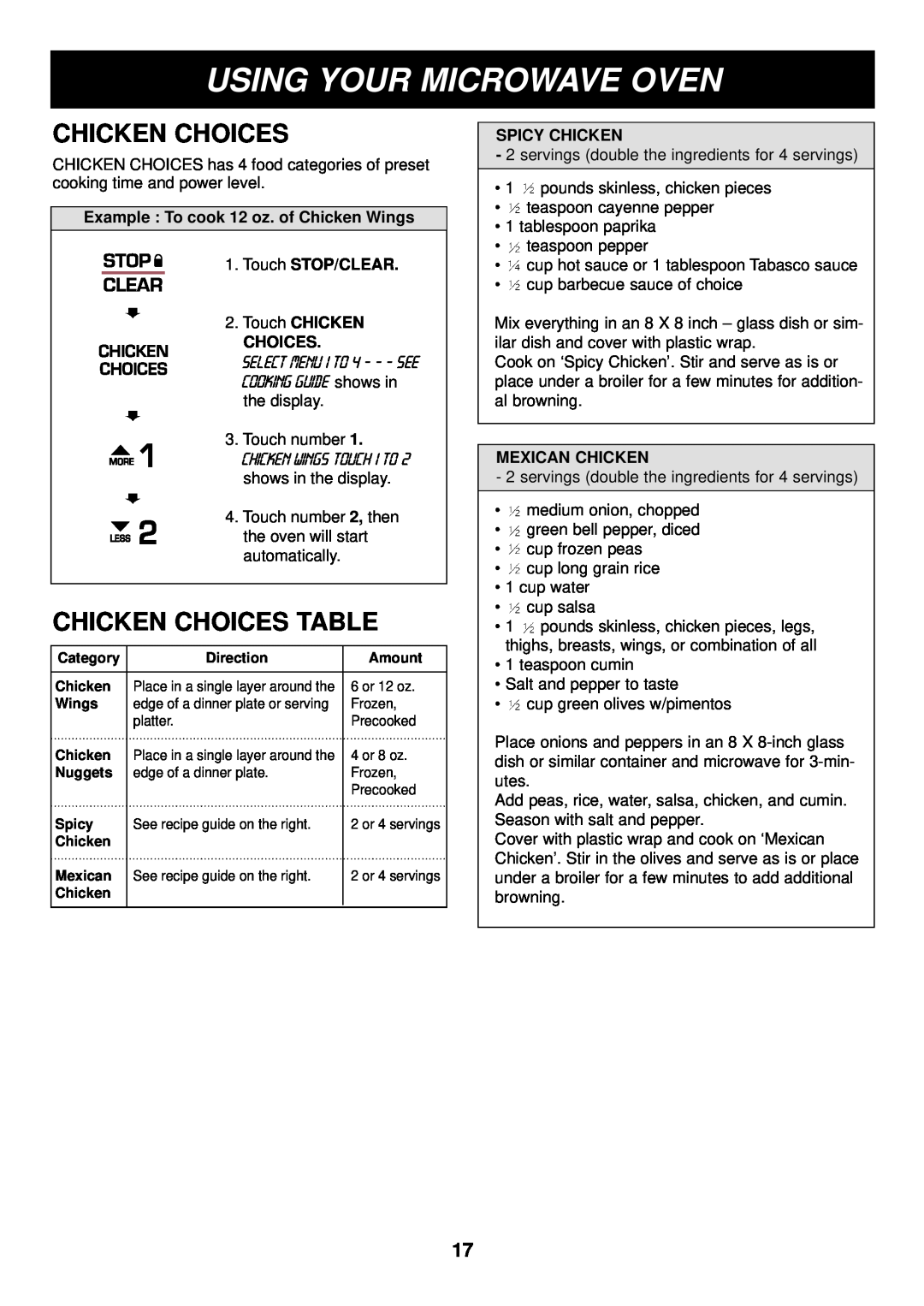 LG Electronics LRM1250B manual Chicken Choices Table, Using Your Microwave Oven, Touch CHICKEN CHOICES, Spicy Chicken 