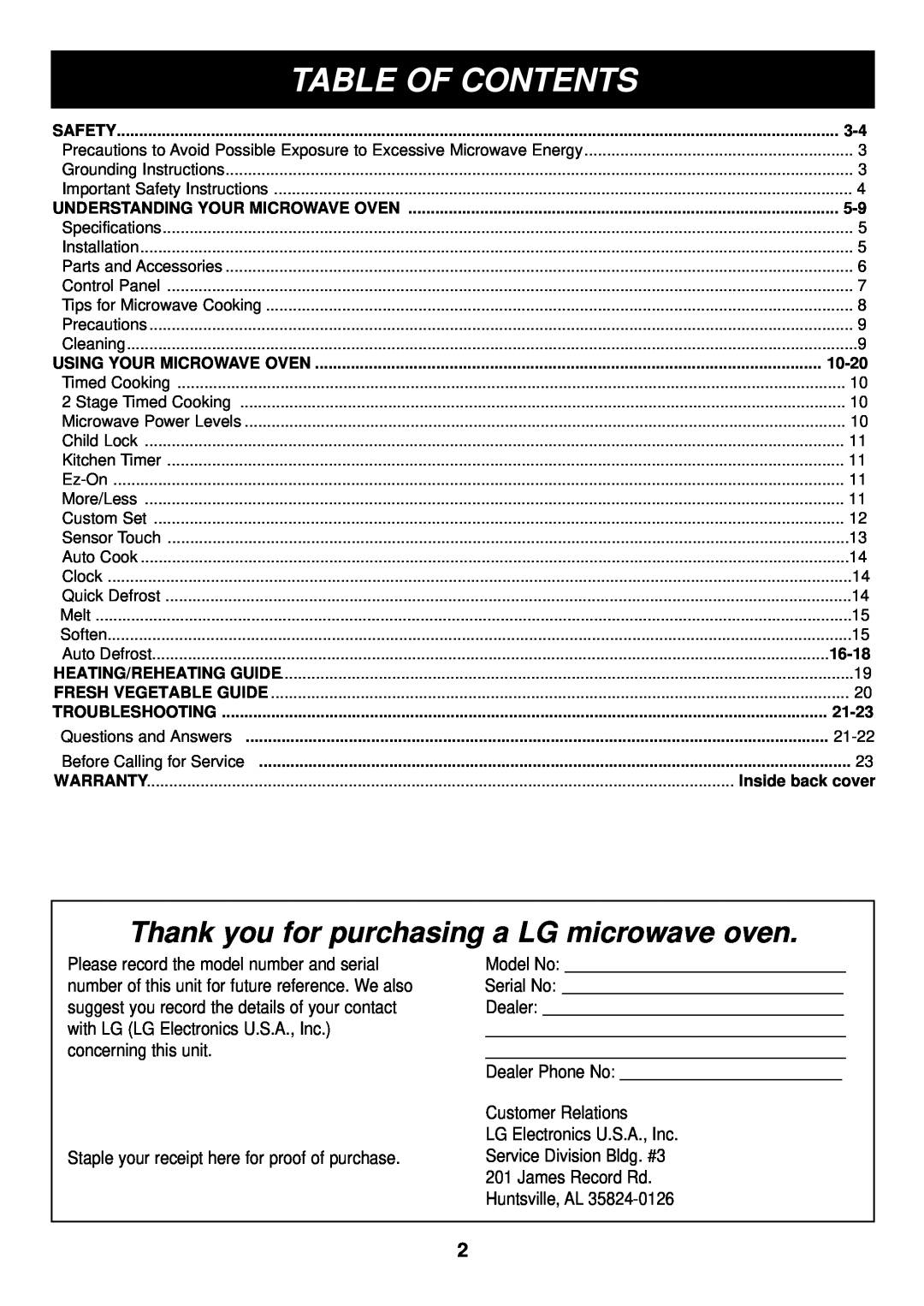 LG Electronics LRM1260SW, LRM1260SB manual Table Of Contents, Thank you for purchasing a LG microwave oven 