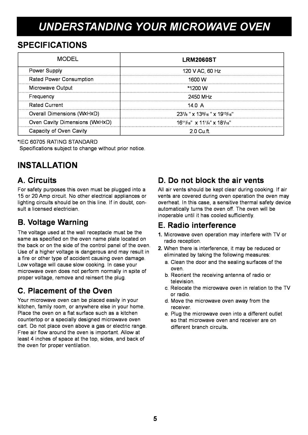 LG Electronics LRM2060ST Understanding Your Microwave Oven, Specifications, Installation, A. Circuits, B. Voltage Warning 