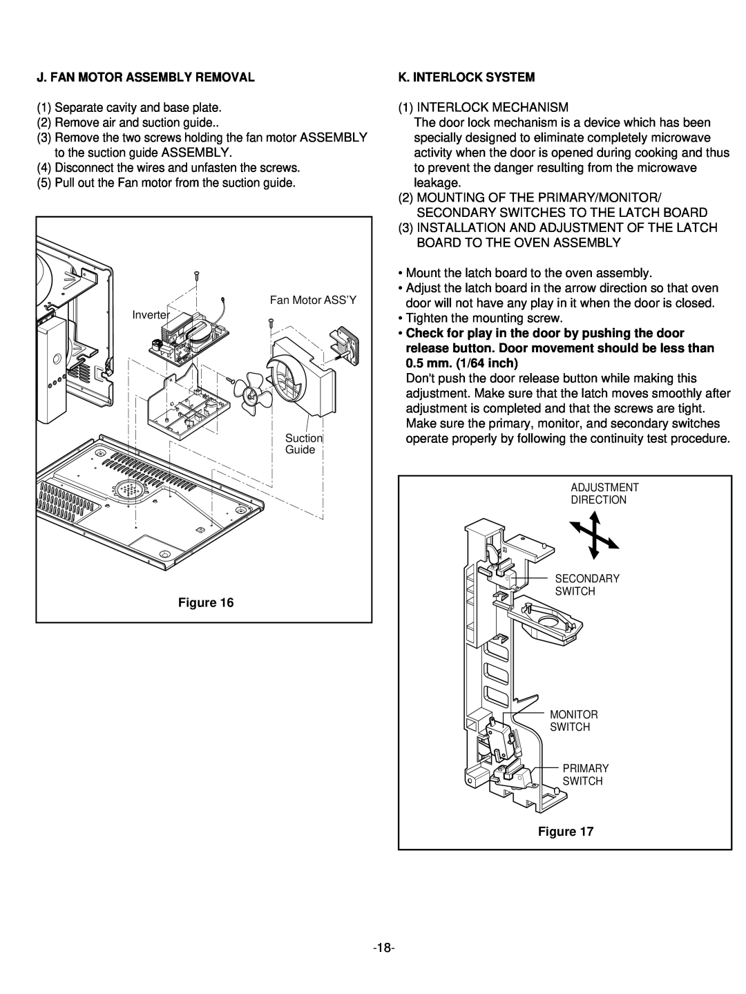LG Electronics LRMM1430SB, LRMM1430SW manual J. Fan Motor Assembly Removal, K. Interlock System, 0.5 mm. 1/64 inch 