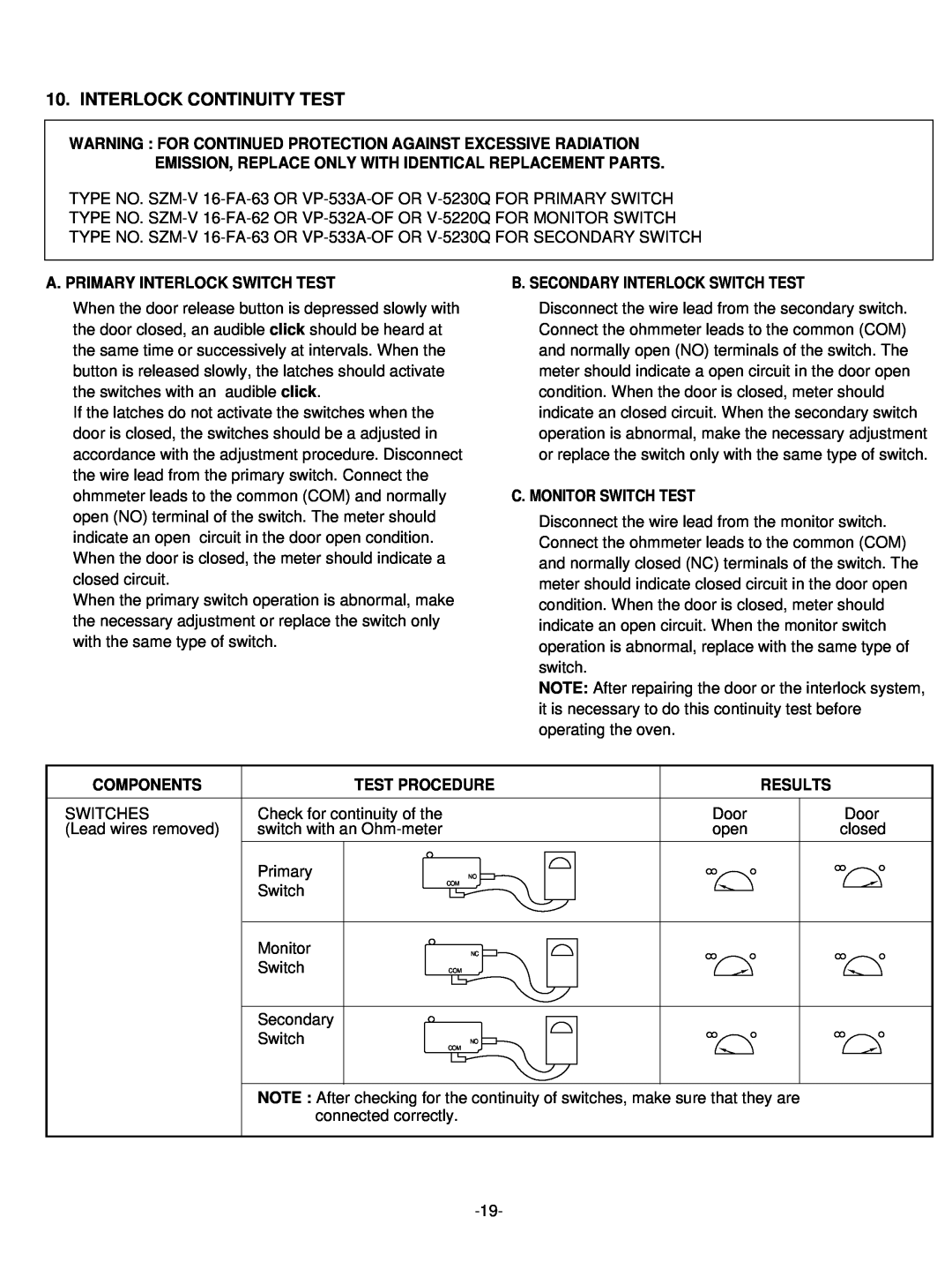 LG Electronics LRMM1430SW A. Primary Interlock Switch Test, B. Secondary Interlock Switch Test, C. Monitor Switch Test 