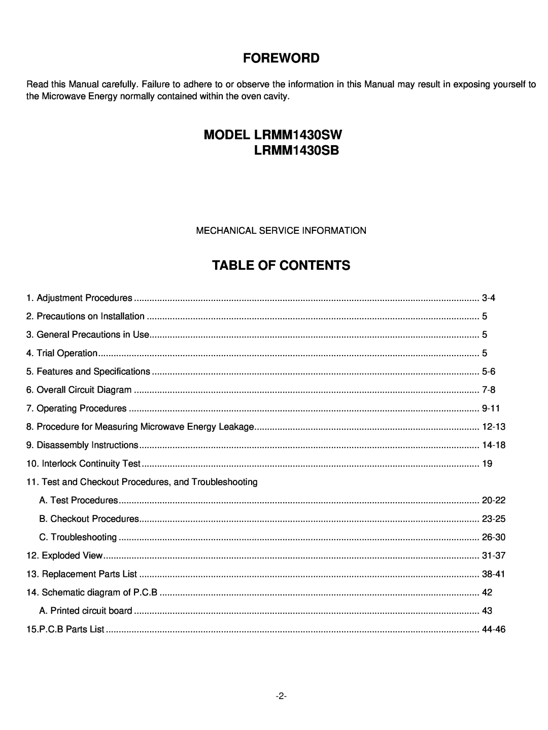 LG Electronics manual Foreword, MODEL LRMM1430SW LRMM1430SB, Table Of Contents 