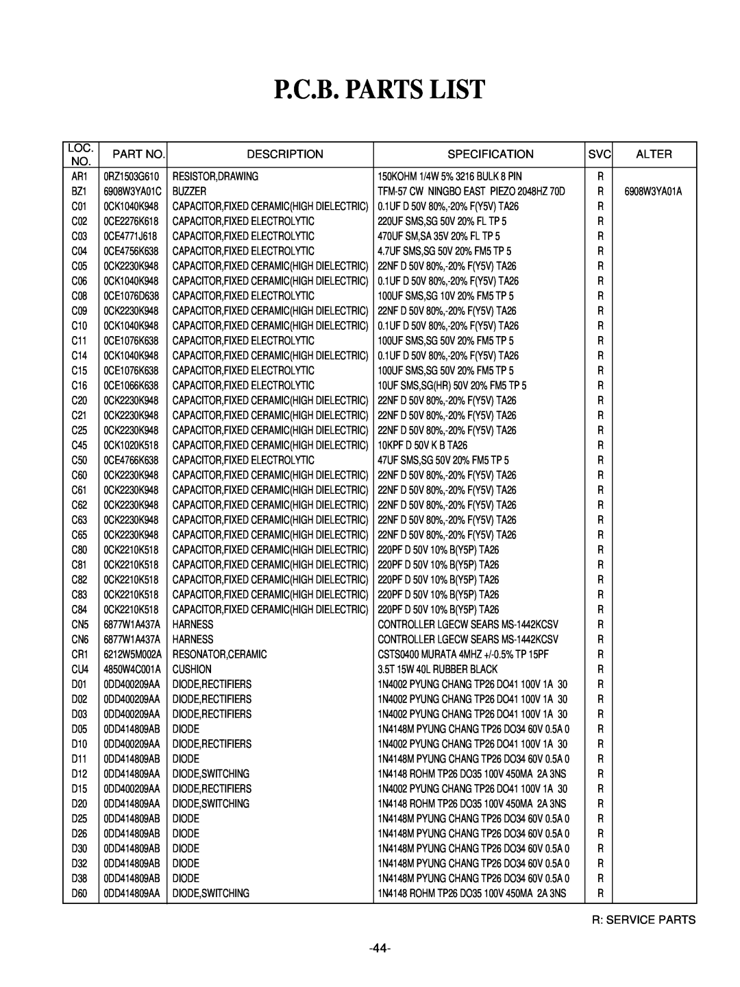 LG Electronics LRMM1430SB, LRMM1430SW manual P.C.B. Parts List 