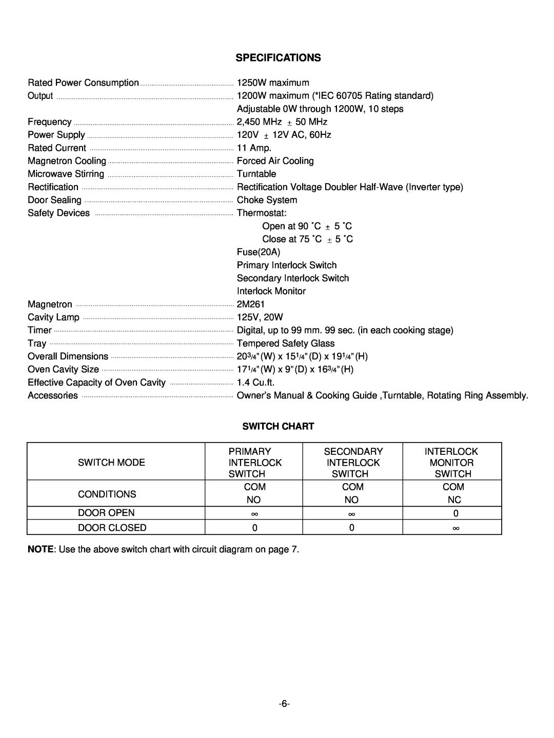 LG Electronics LRMM1430SB, LRMM1430SW manual Specifications, Switch Chart 