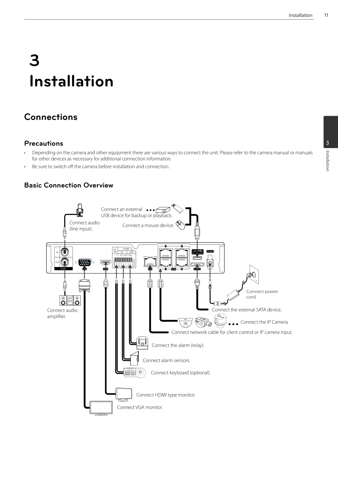 LG Electronics LRN3040N Series owner manual Connections, Precautions, Basic Connection Overview, Line input 