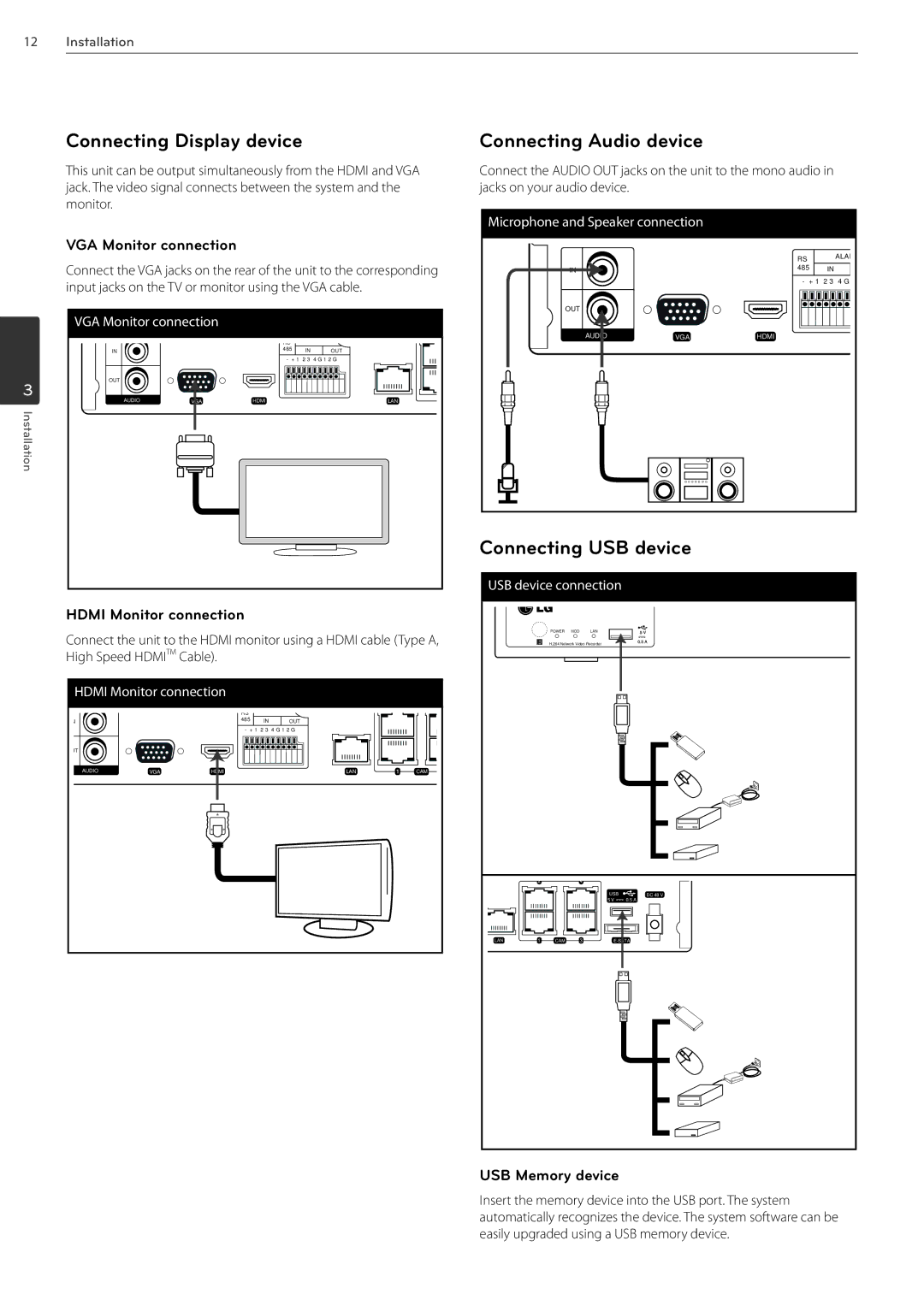 LG Electronics LRN3040N Series owner manual Connecting Display device, Connecting Audio device, Connecting USB device 