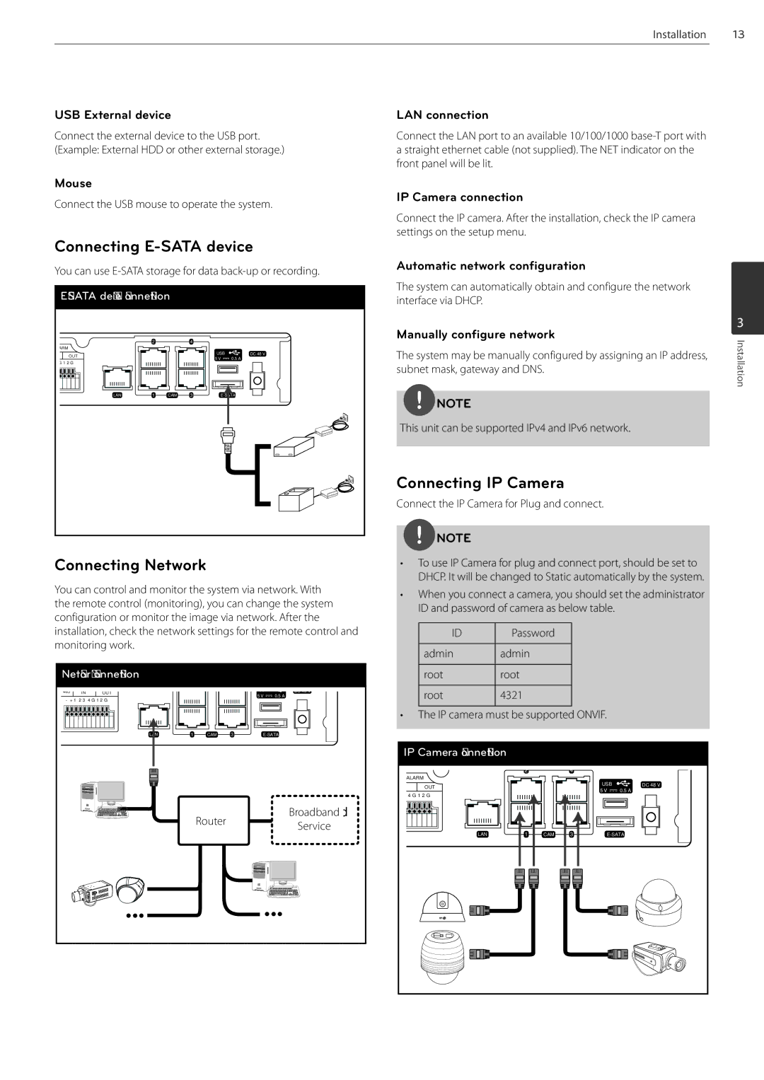 LG Electronics LRN3040N Series owner manual Connecting E-SATA device, Connecting Network, Connecting IP Camera 