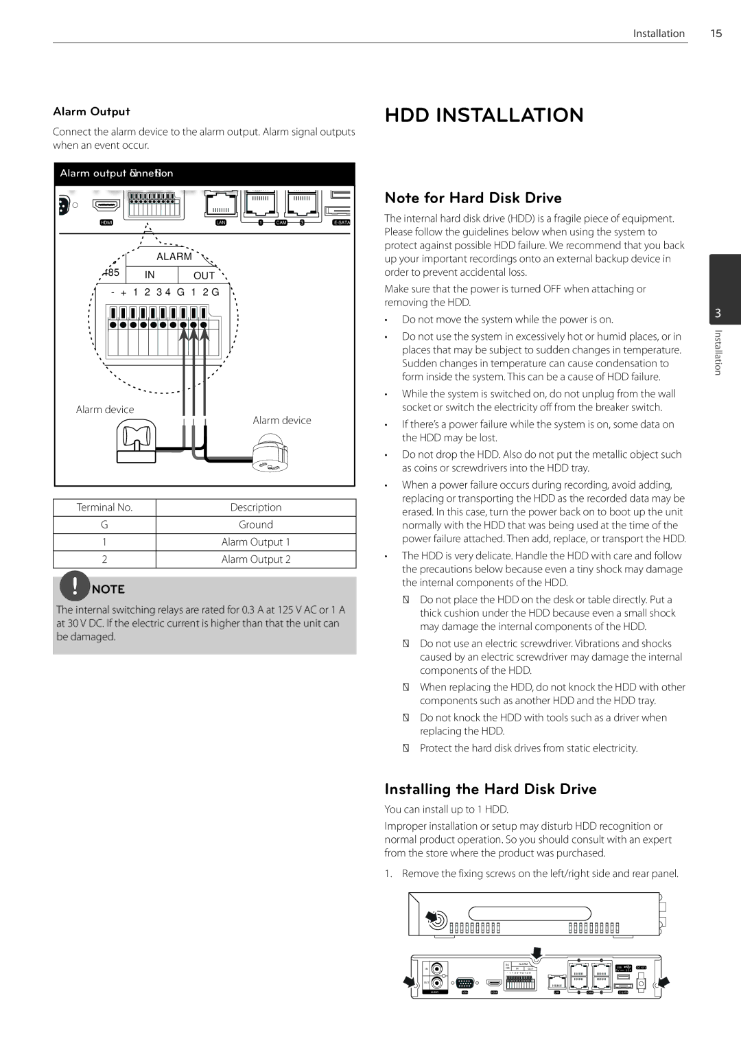 LG Electronics LRN3040N Series owner manual Installing the Hard Disk Drive, Alarm Output, Alarm device, Terminal No 