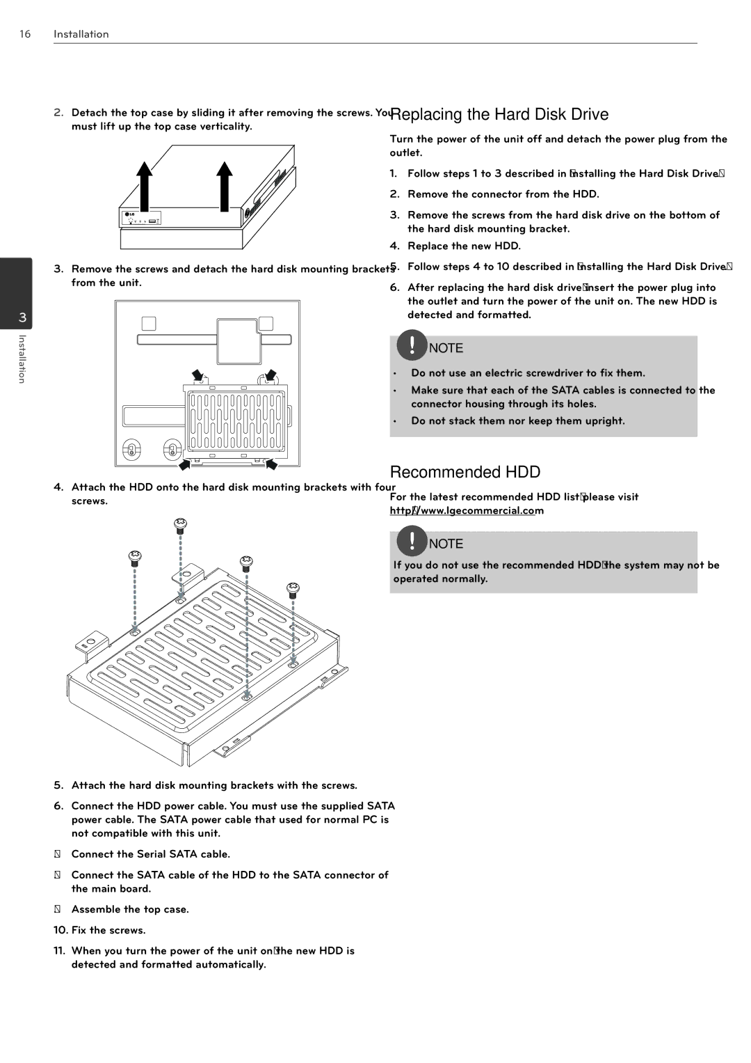 LG Electronics LRN3040N Series owner manual Replacing the Hard Disk Drive, Recommended HDD 