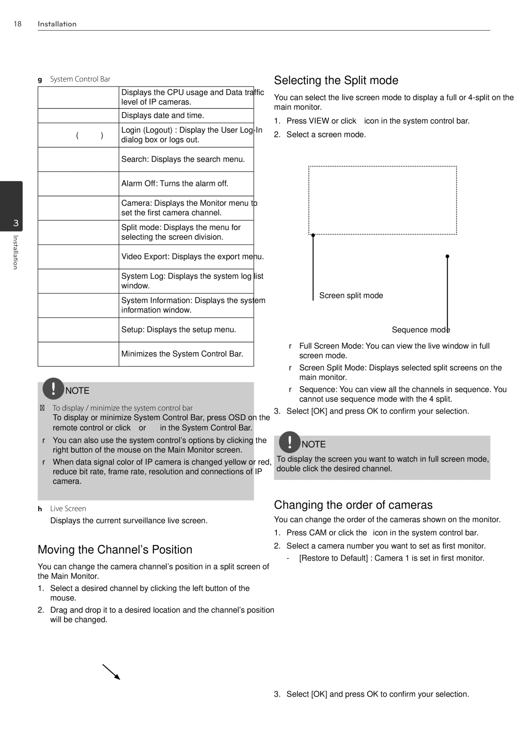 LG Electronics LRN3040N Series Moving the Channels Position, Selecting the Split mode, Changing the order of cameras 