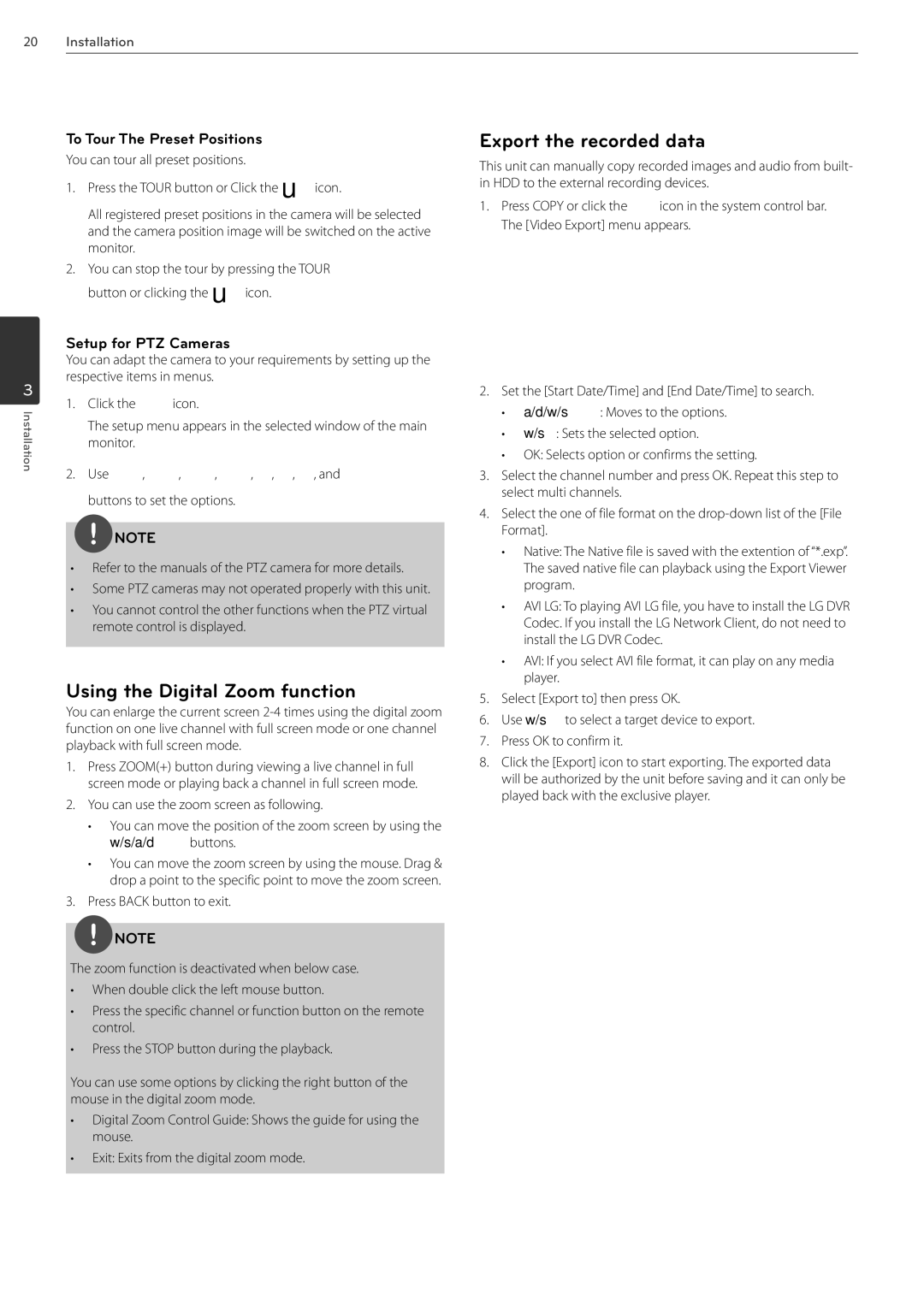 LG Electronics LRN3040N Series Using the Digital Zoom function, Export the recorded data, To Tour The Preset Positions 