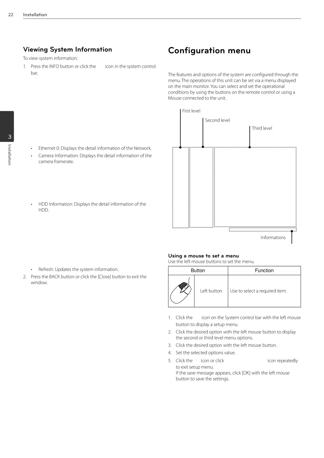 LG Electronics LRN3040N Series owner manual Configuration menu, Viewing System Information, Using a mouse to set a menu 