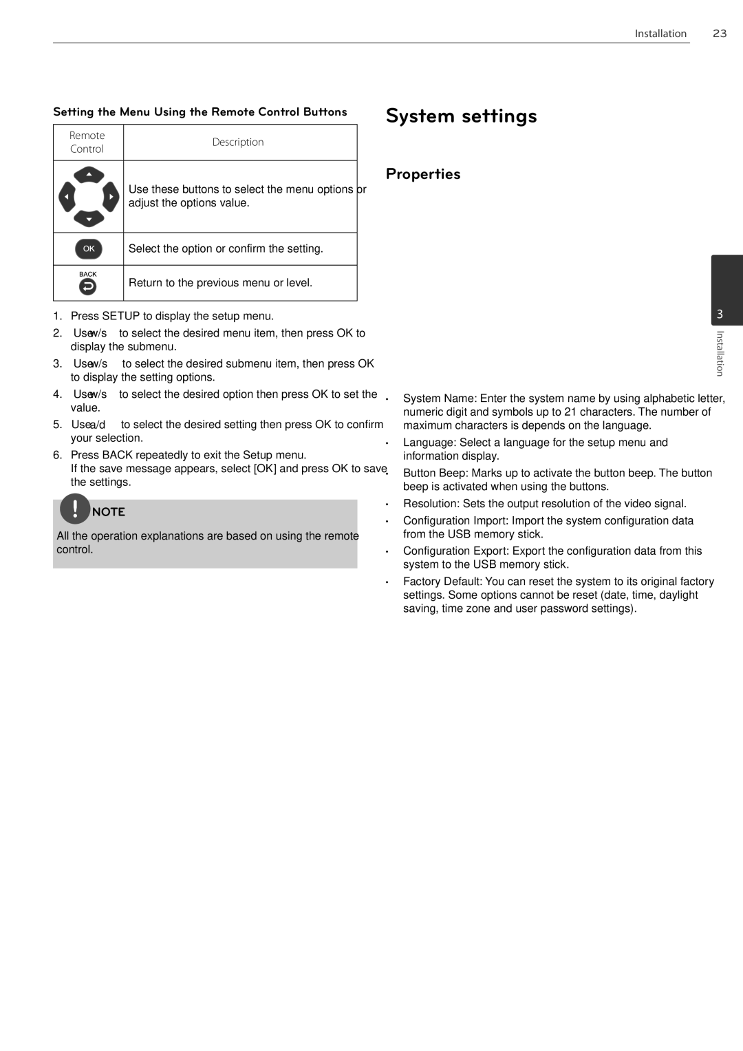 LG Electronics LRN3040N Series owner manual System settings, Properties, Setting the Menu Using the Remote Control Buttons 