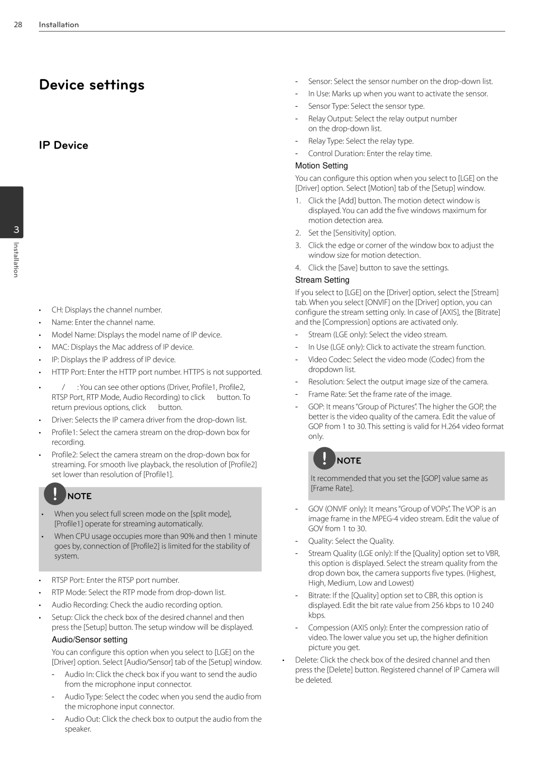 LG Electronics LRN3040N Series Device settings, IP Device, Motion Setting, Stream Setting, Audio/Sensor setting 