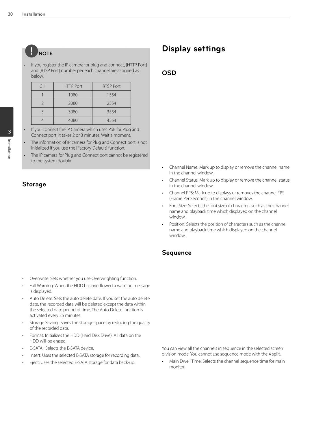 LG Electronics LRN3040N Series owner manual Display settings, Storage, Sequence 